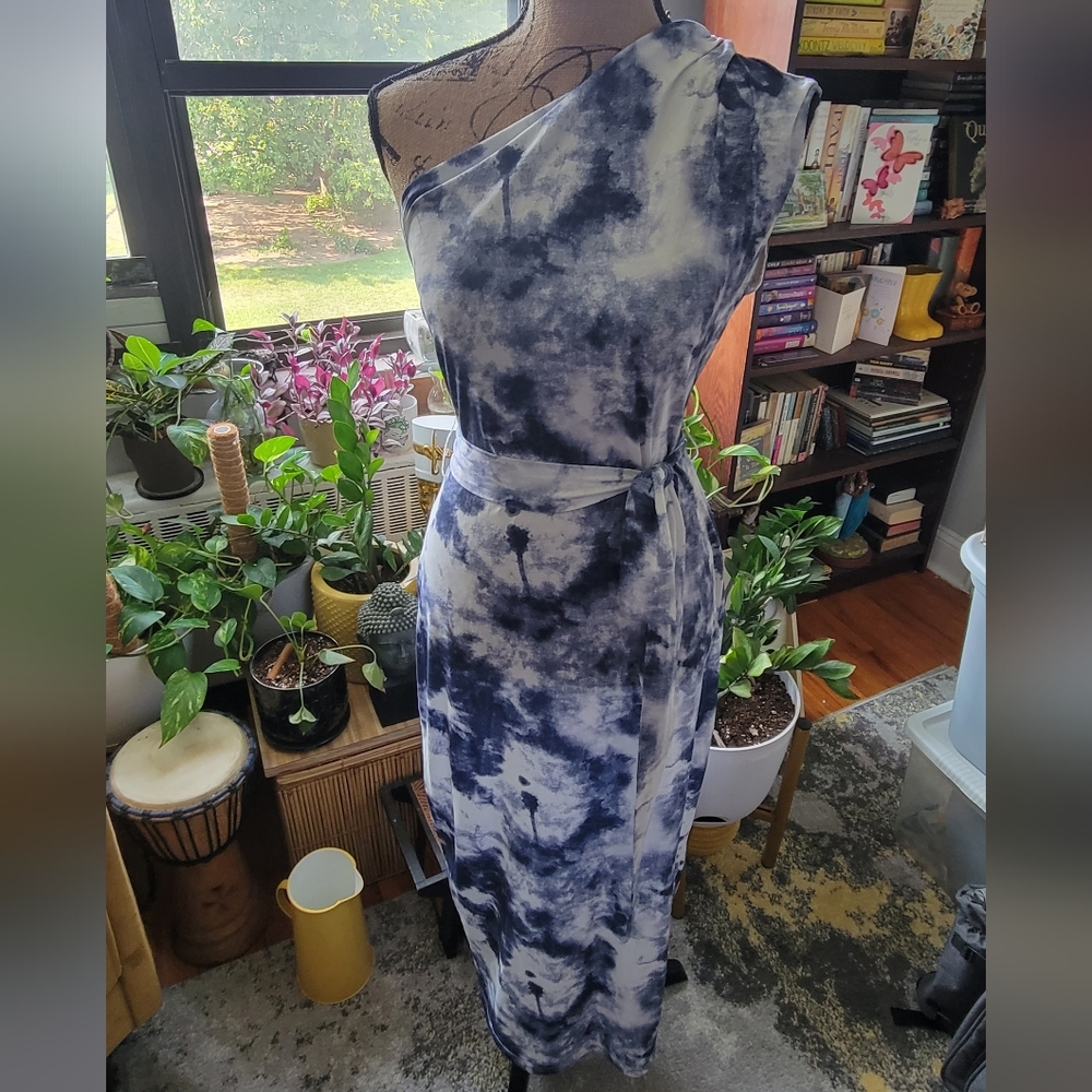 Blue & White Denim Look One Shoulder Dress (NWOT)